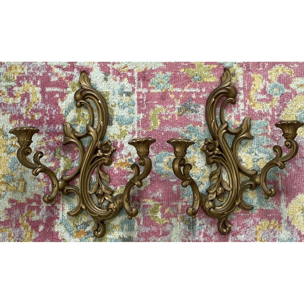 Two Vintage Syroco Hold Candle Holders Sconces Cottagecore Flowers Shabby Chic